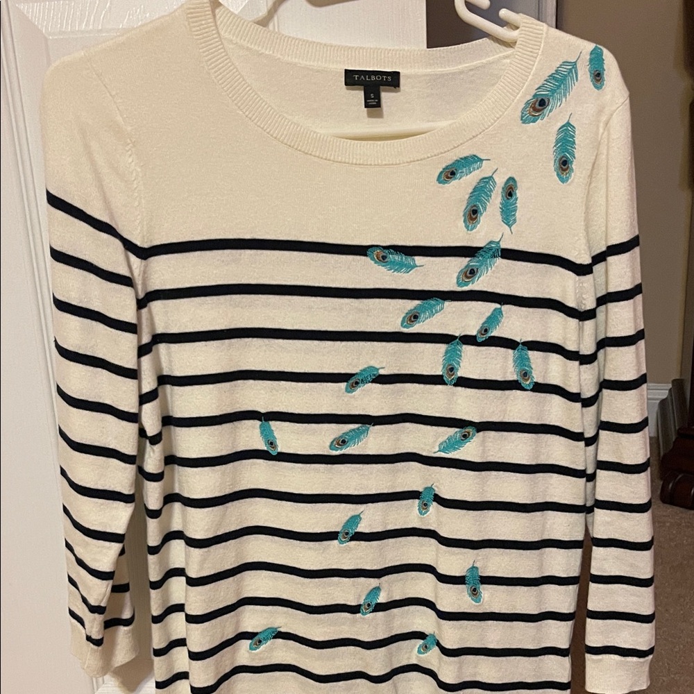 Talbots Black and Cream Striped Top with Blue Feather Details